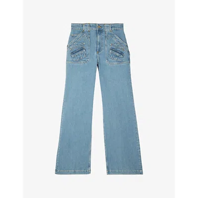 The Kooples Womens Blue Patch-pocket Flare-leg High-rise Jeans