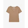 Reiss Becca V-neck Short-sleeve Ribbed Cotton T-shirt In Camel