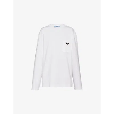 Prada Mens White Logo-plaque Oversized-fit Cotton-jersey T-shirt