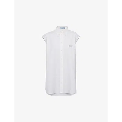 Prada Womens White Logo-embroidered Short-sleeve Cotton Oxford Shirt