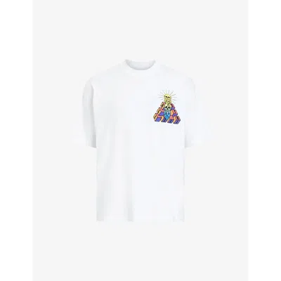 Allsaints Mens Optic White Plateau Graphic Logo-print Organic-cotton T-shirt