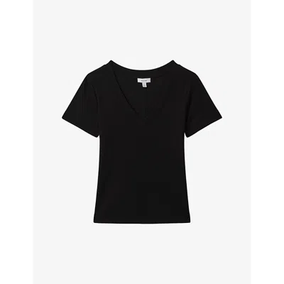 Reiss Becca V-neck Short-sleeve Ribbed Cotton T-shirt In Black
