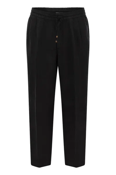 Brunello Cucinelli Leisure Fit Trousers In Garment-dyed Linen Gabardine With Drawstring And Double D In Black