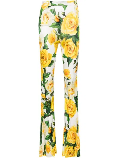 Dolce & Gabbana Rose Printed High Waist Trousers In White
