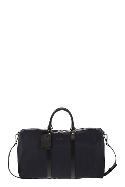 Kiton Nylon Weekend Bag With Leather Details In Blue