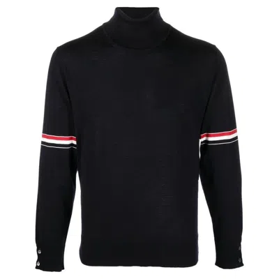 Thom Browne Logo Band Turtleneck Sweater In Blue