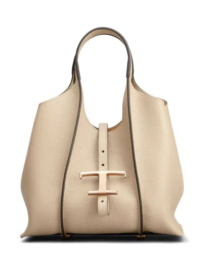 Tod's T Timeless Mini Leather Tote Bag In Beige