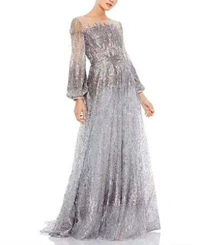 Mac Duggal Jewel Encrusted Illusion Long Sleeve A Line Gown In Platinum
