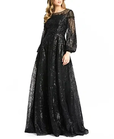 Mac Duggal Embellished Long Sleeve Illusion A Line Gown In Black