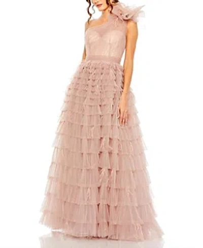 Mac Duggal One Shoulder Faux Bow Feather Tiered A Line Gown In Dusty Rose