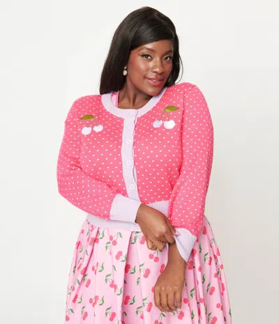 Unique Vintage Plus Size Hot Pink & Lavender Pin Dot Cherry Cropped Cardigan In Multi