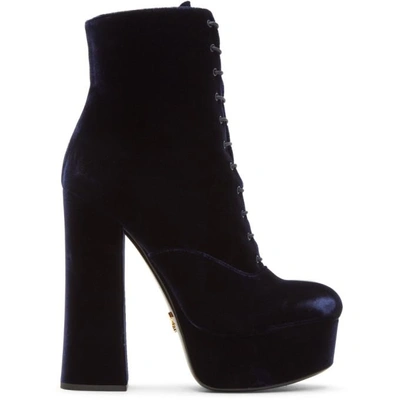 Prada Velvet Lace-up Platform Booties In Blue