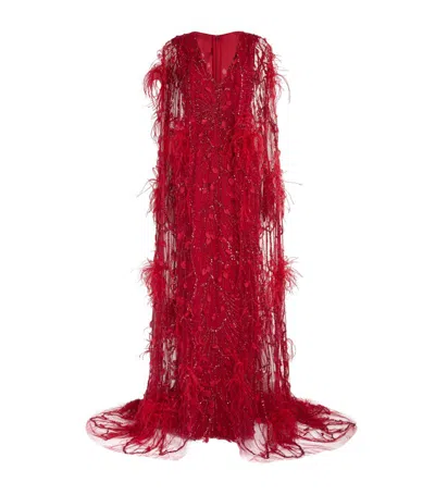 Pamella Roland Raspberry Sequined Feather-trim Cape Column Gown