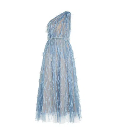 Marchesa Feather-detail One-shoulder Midi Dress In Blue