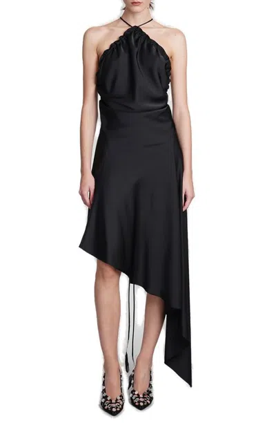 Attico Asymmetric Satin Midi Dress In Black