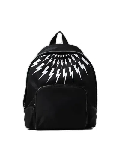 Neil Barrett Nylon Fair-isle Thunderbolt Backpack With Leather Trims In Black