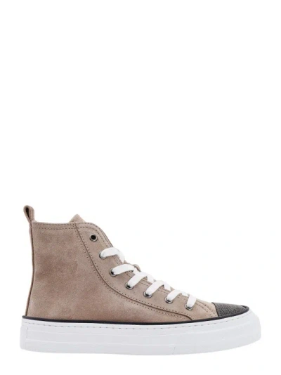 Brunello Cucinelli Suede Sneakers With Monili Insert In Brown
