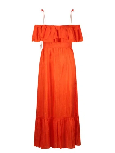 The Rose Ibiza Ruffled Silk Long Dress In Orange
