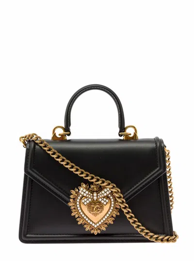Dolce & Gabbana 'mini Devotion' Black Handbag With Logo Plaque In Leather Woman