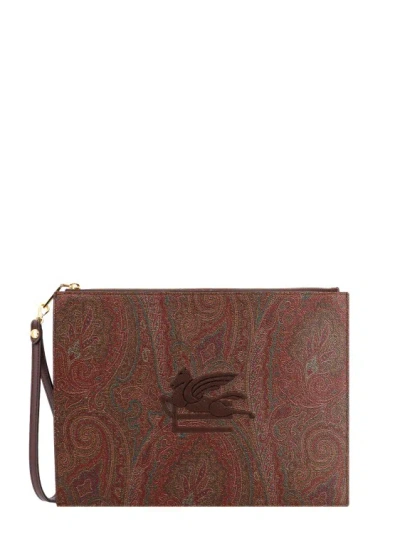 Etro Coated Canvas Clutch With Paisley Motif And Iconic Pegasus In Brown