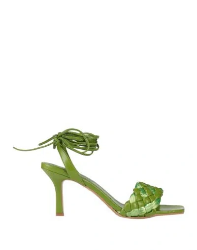Paolo Mattei Woman Sandals Green Size 6 Leather, Natural Raffia