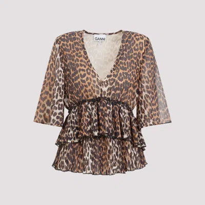 Ganni Animalier Pleated V-neck Blouse In Brown