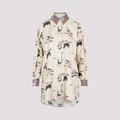Loewe Beige Silk Animal Oversize Shirt In Brown
