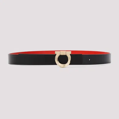Ferragamo Black And Flame Red Gancio Onda Calf Leather Belt
