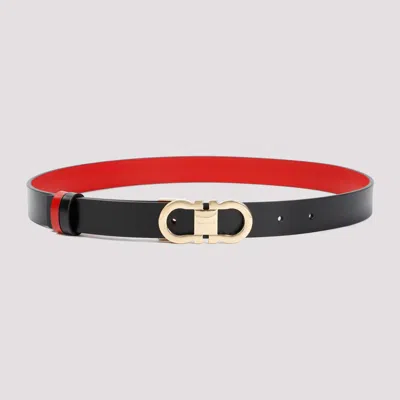 Ferragamo Black And Flame Red Double Gancio Calf Leather Belt