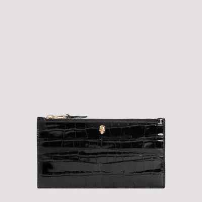 Alexander Mcqueen Black Flat Zip Croco Embossed Calf Leather Wallet