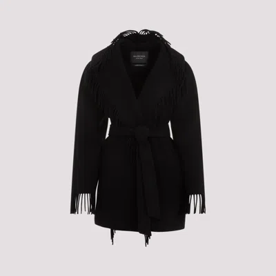 Balenciaga Hooded Fringe Oversized Self-tie Wool Jacket In Black