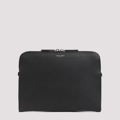 Giorgio Armani Black Grained Leather Briefcase