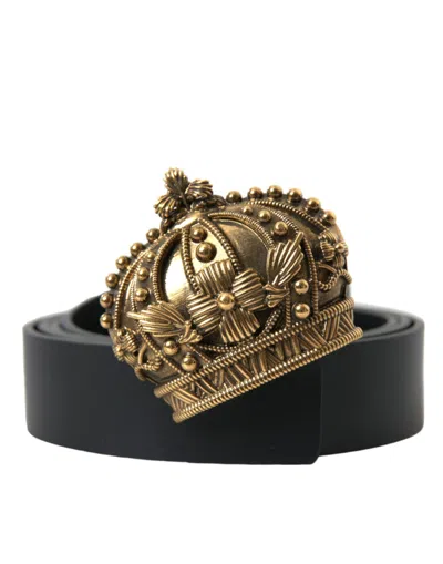 Dolce & Gabbana Black Leather Gold Crown Metal Buckle Belt In Gold Black
