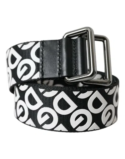 Dolce & Gabbana Black Leather Silver Buckle Canvas Belt In Black And White