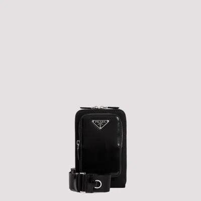 Prada Triangle-logo Leather Phone Case In Black