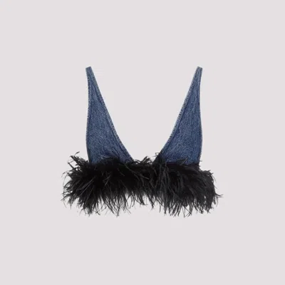 Miu Miu Blue And Black Cotton Top With Feathers
