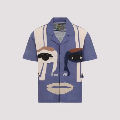 Kidsuper Mens Blue Face Relaxed-fit Cotton And Linen-blend Shirt