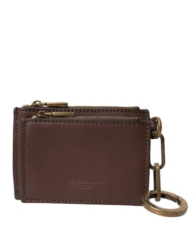 Dolce & Gabbana Brown Leather Zip Logo Keyring Coin Purse Keyring Wallet In Metallic