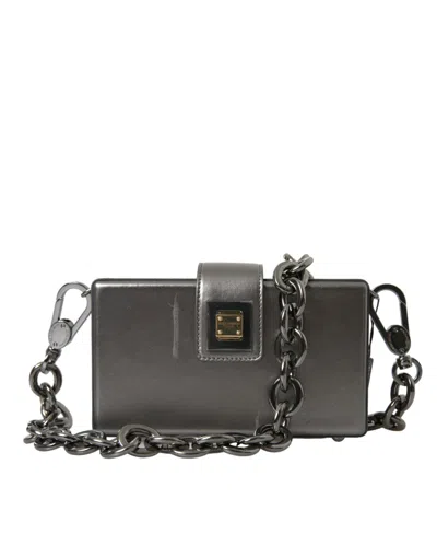 Dolce & Gabbana Metallic Grey Calfskin Shoulder Bag With Chain Strap In Gold