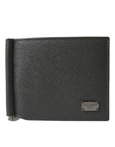 Dolce & Gabbana Gray Calf Leather Bifold Logo Plaque Card Holder Wallet In Black