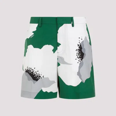 Valentino Green And Gray Flowered Cotton Shorts