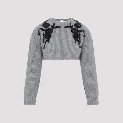 Erdem Grey Melange Cropped Long Sleeve Knit Alpaca Sweater In Metallic