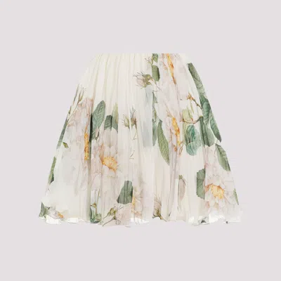 Giambattista Valli Ivory Green Magnolia Print Silk Mini Skirt In White