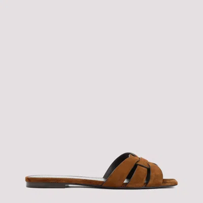 Saint Laurent Land Brown Suede Leather Flat Sandal