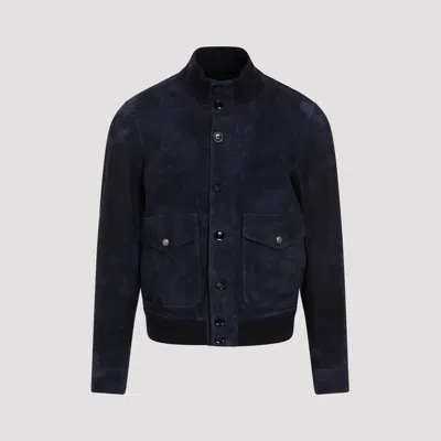 Tom Ford Navy Suede Lamb Leather Bomber Jacket In Blue