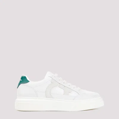 Ferragamo Off White And Green Cassina Suede Leather Sneakers