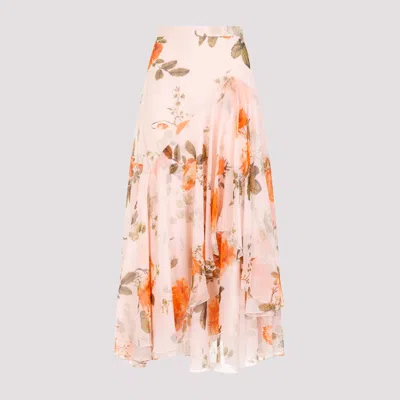 Erdem Shell Pink Silk Midi Skirt With Tiered Frilled Hem In Pink & Purple