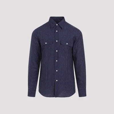 Ralph Lauren Purple Label Linen Narrow Stripe Shirt In Blue