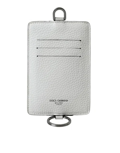 Dolce & Gabbana White Calf Leather Lanyard Logo Card Holder Wallet In Metallic