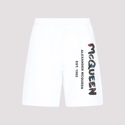Alexander Mcqueen Graffiti-print Cotton Track Shorts In White